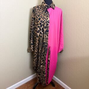 Karen-T Design Leopard Print Hot Pink Colorblock Long Button Front Duster OS
